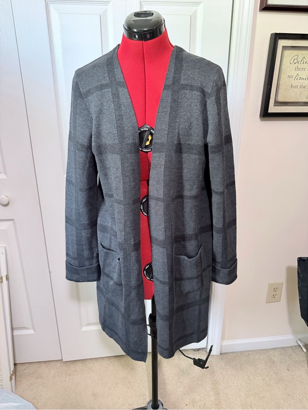 Apt. 9 Dark Gray Plaid Open-Front Long Cardigan Coat